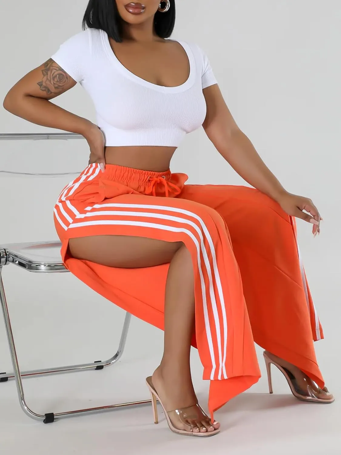 Angsuttc Wide Leg Pants Women Drawstring Side Split Sweatpants with Stripes Casual Elastic High Waist Long Pant