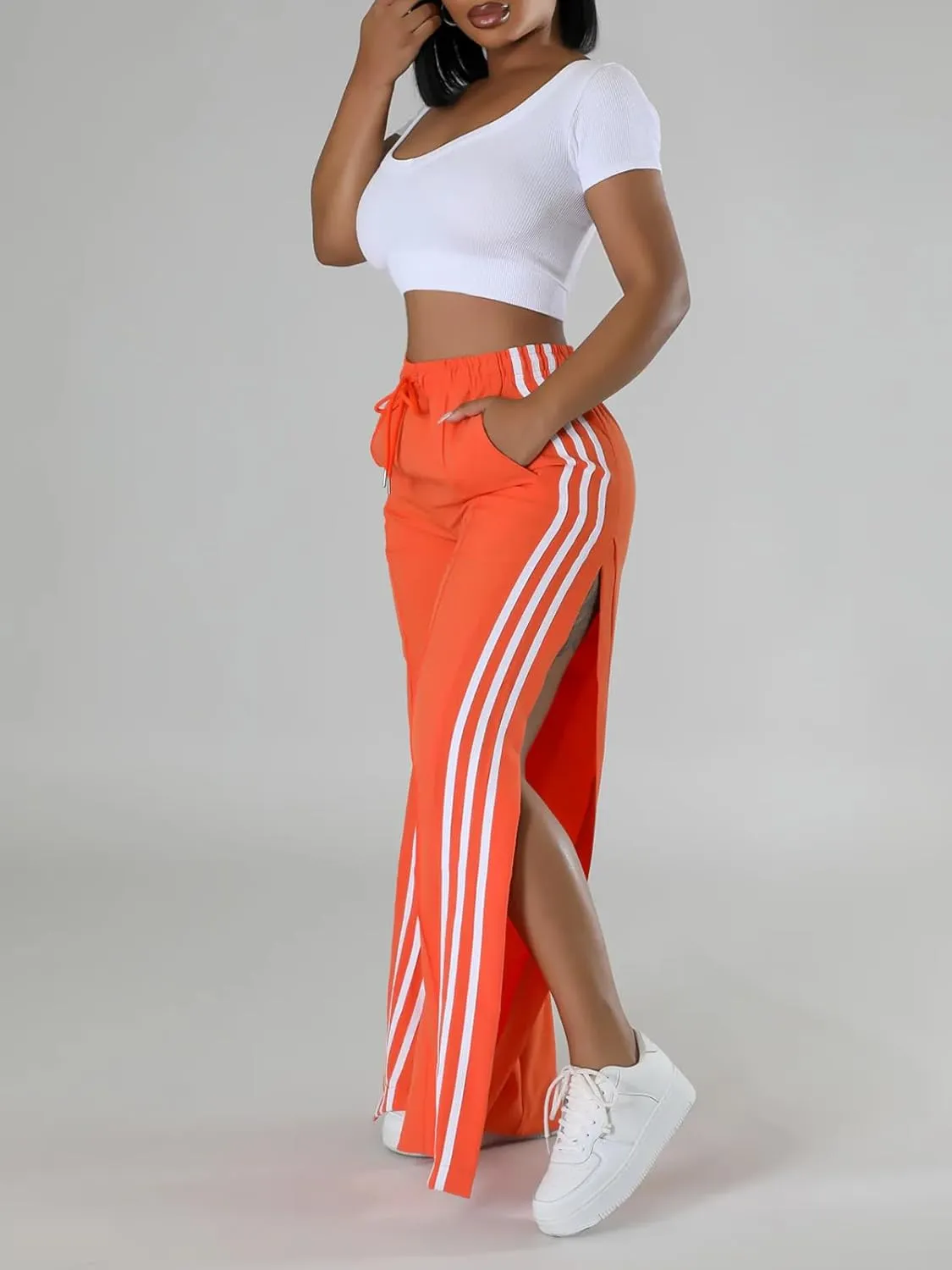 Angsuttc Wide Leg Pants Women Drawstring Side Split Sweatpants with Stripes Casual Elastic High Waist Long Pant