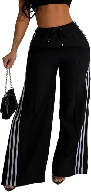Angsuttc Wide Leg Pants Women Drawstring Side Split Sweatpants with Stripes Casual Elastic High Waist Long Pant