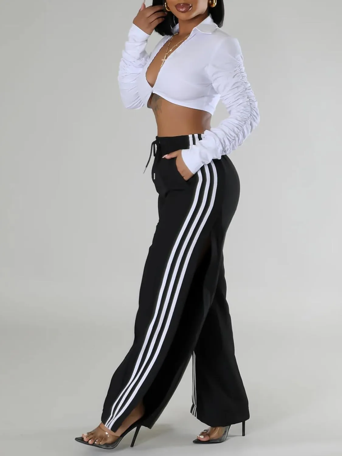 Angsuttc Wide Leg Pants Women Drawstring Side Split Sweatpants with Stripes Casual Elastic High Waist Long Pant