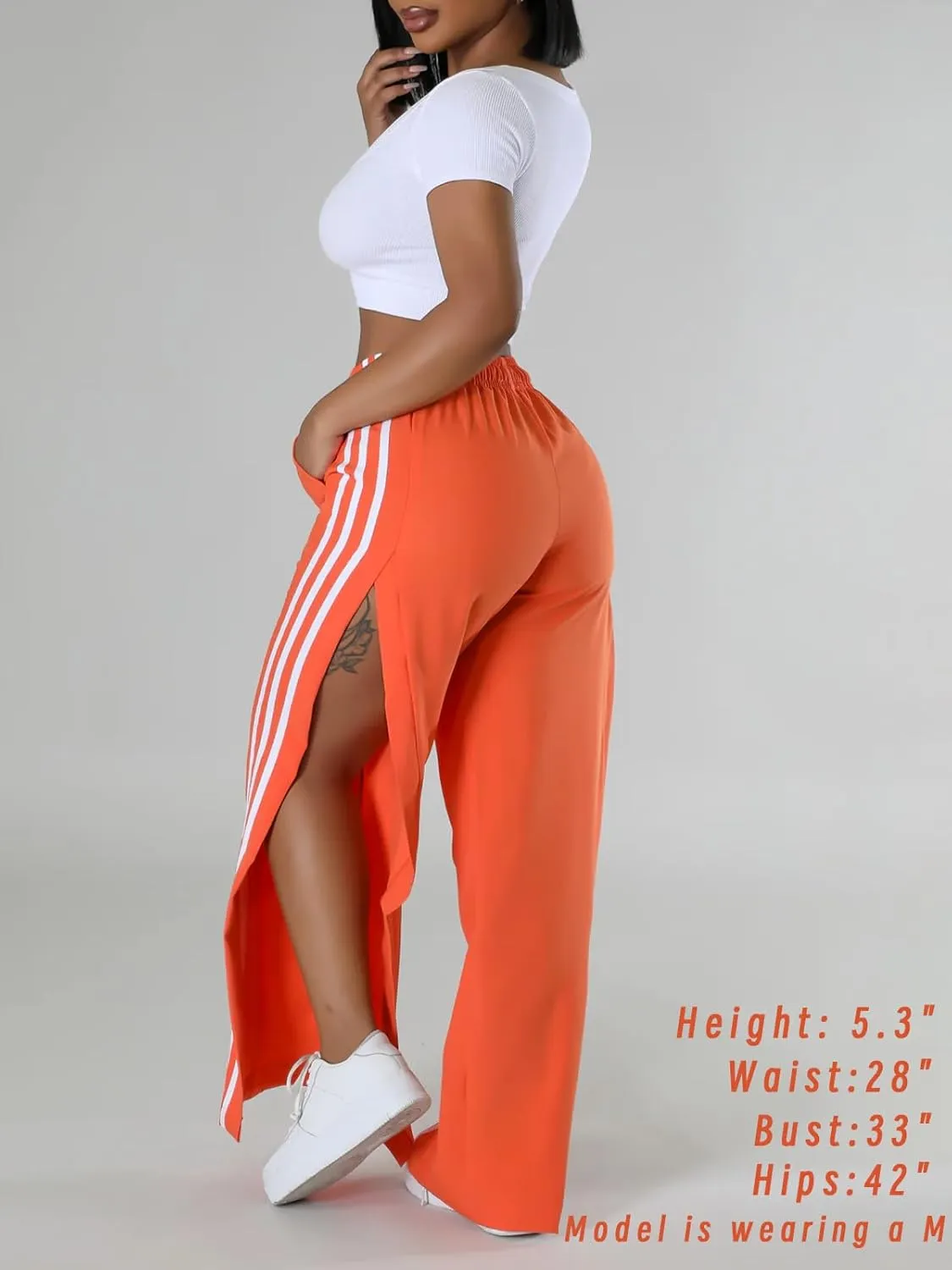 Angsuttc Wide Leg Pants Women Drawstring Side Split Sweatpants with Stripes Casual Elastic High Waist Long Pant