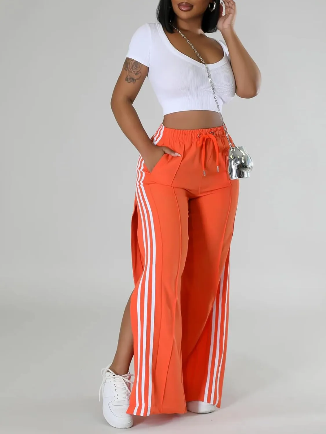 Angsuttc Wide Leg Pants Women Drawstring Side Split Sweatpants with Stripes Casual Elastic High Waist Long Pant
