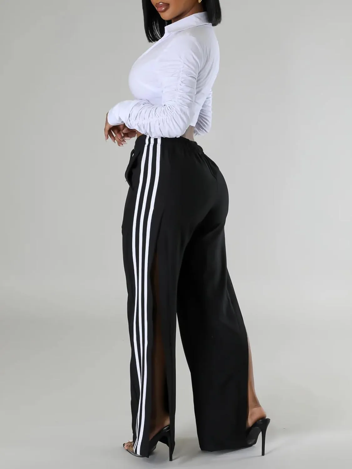 Angsuttc Wide Leg Pants Women Drawstring Side Split Sweatpants with Stripes Casual Elastic High Waist Long Pant