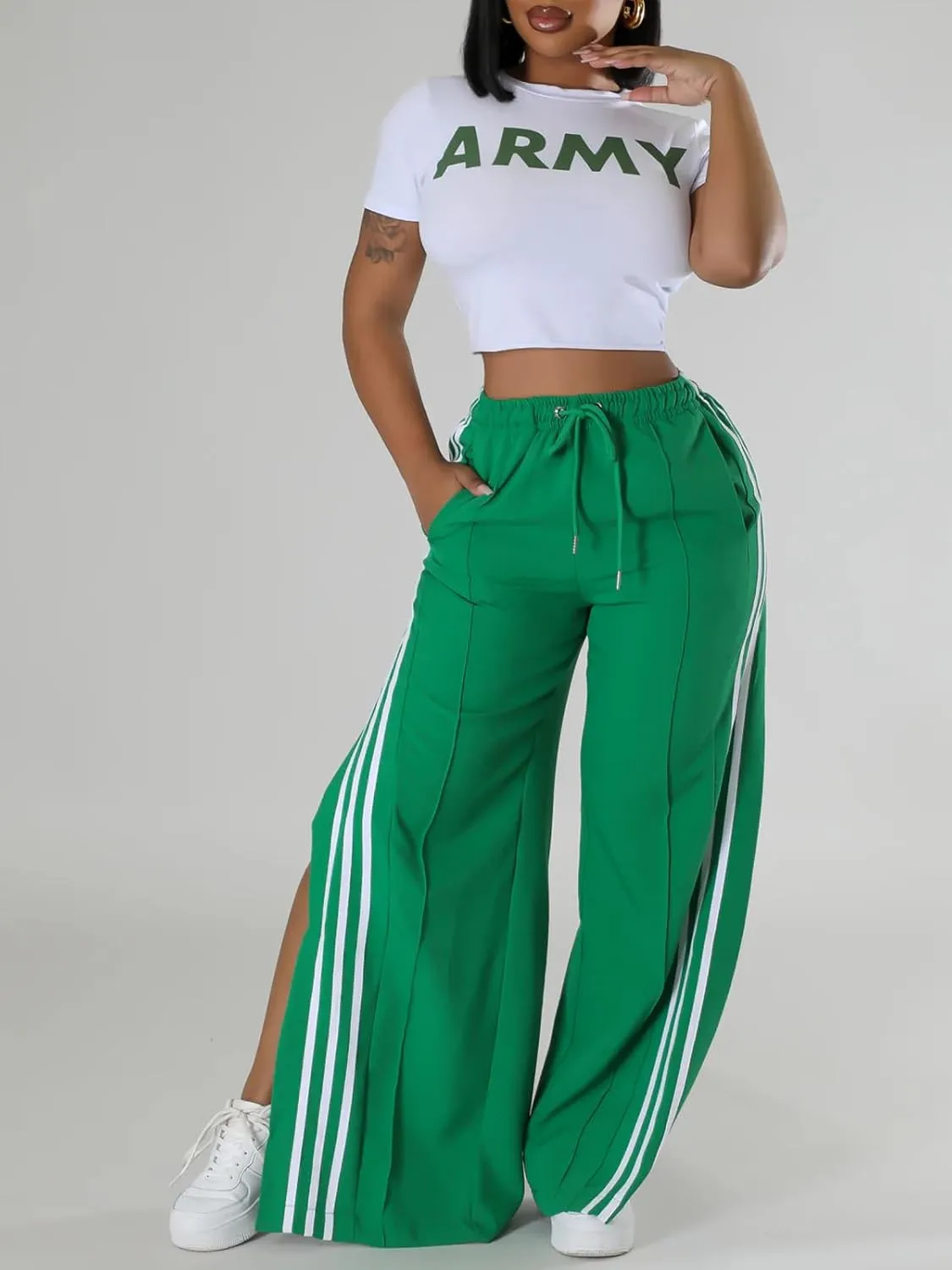 Angsuttc Wide Leg Pants Women Drawstring Side Split Sweatpants with Stripes Casual Elastic High Waist Long Pant
