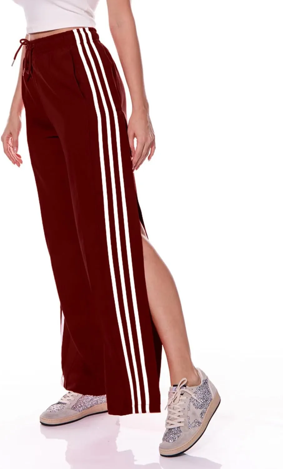 Angsuttc Wide Leg Pants Women Drawstring Side Split Sweatpants with Stripes Casual Elastic High Waist Long Pant