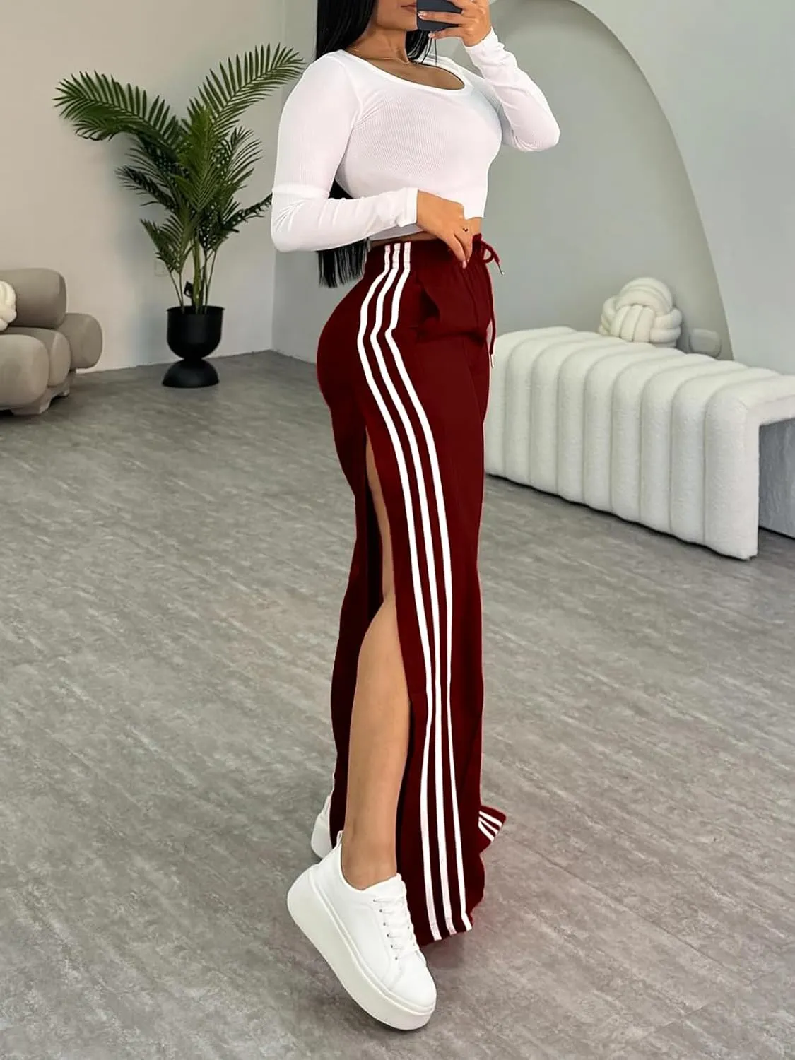 Angsuttc Wide Leg Pants Women Drawstring Side Split Sweatpants with Stripes Casual Elastic High Waist Long Pant