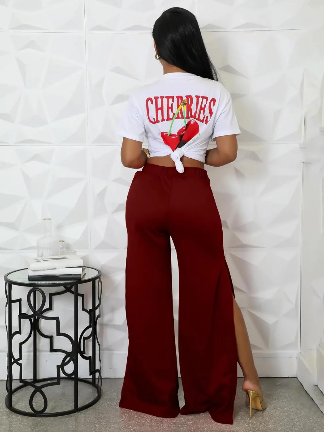 Angsuttc Wide Leg Pants Women Drawstring Side Split Sweatpants with Stripes Casual Elastic High Waist Long Pant