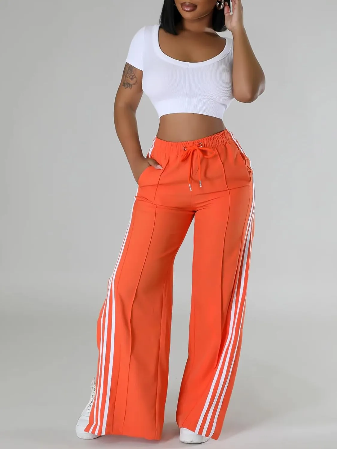Angsuttc Wide Leg Pants Women Drawstring Side Split Sweatpants with Stripes Casual Elastic High Waist Long Pant