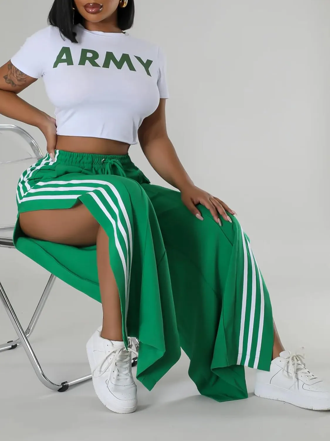 Angsuttc Wide Leg Pants Women Drawstring Side Split Sweatpants with Stripes Casual Elastic High Waist Long Pant