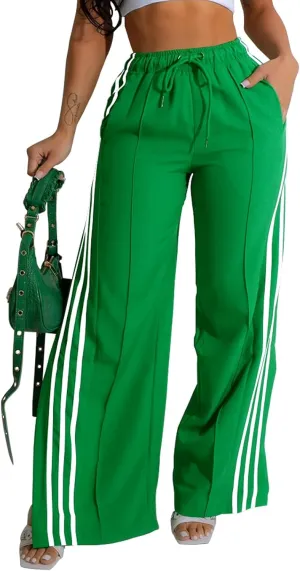 Angsuttc Wide Leg Pants Women Drawstring Side Split Sweatpants with Stripes Casual Elastic High Waist Long Pant