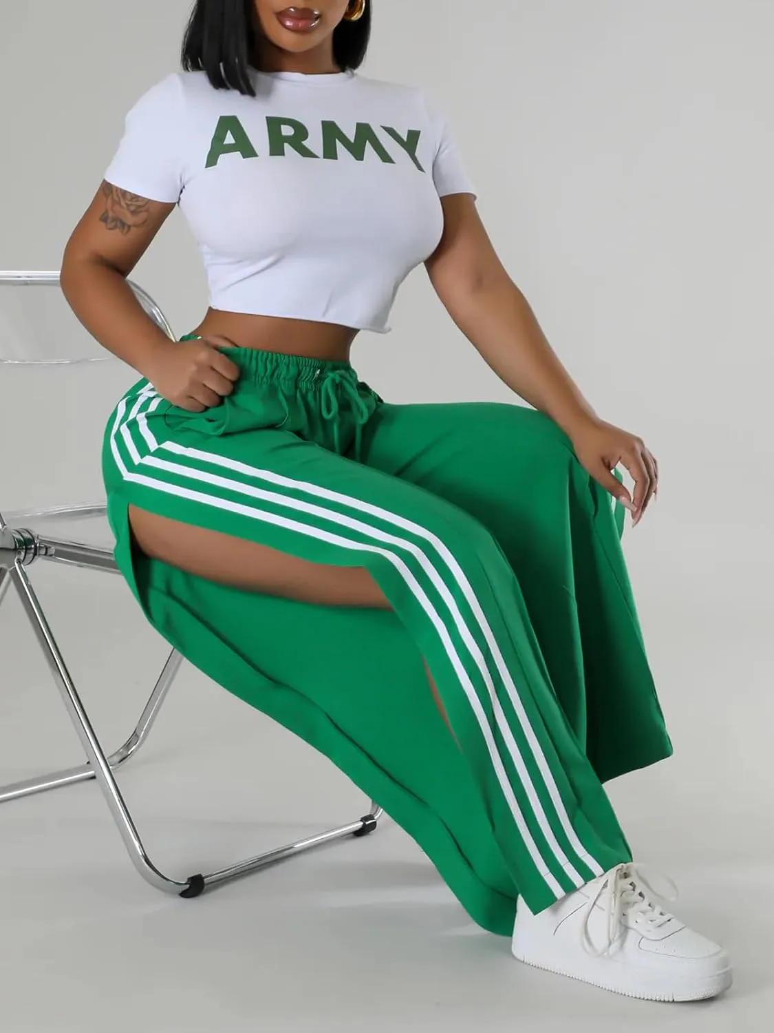 Angsuttc Wide Leg Pants Women Drawstring Side Split Sweatpants with Stripes Casual Elastic High Waist Long Pant