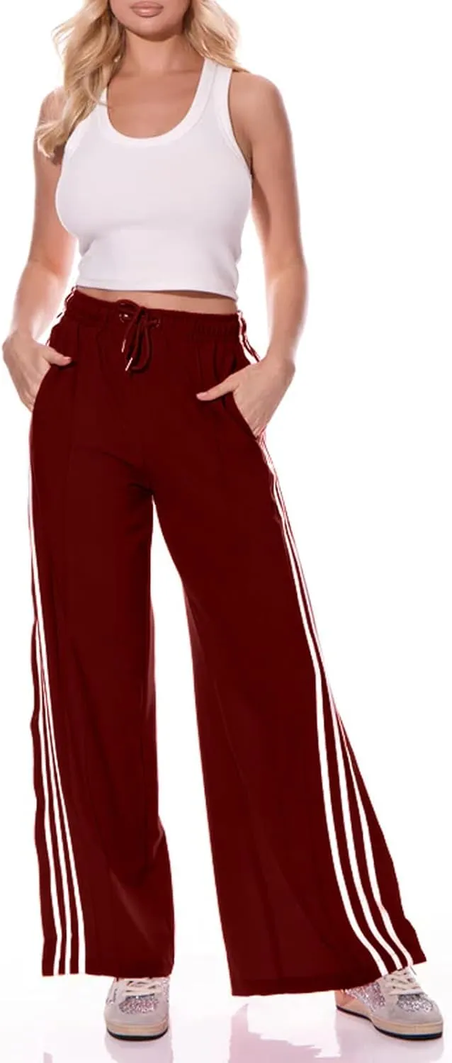 Angsuttc Wide Leg Pants Women Drawstring Side Split Sweatpants with Stripes Casual Elastic High Waist Long Pant