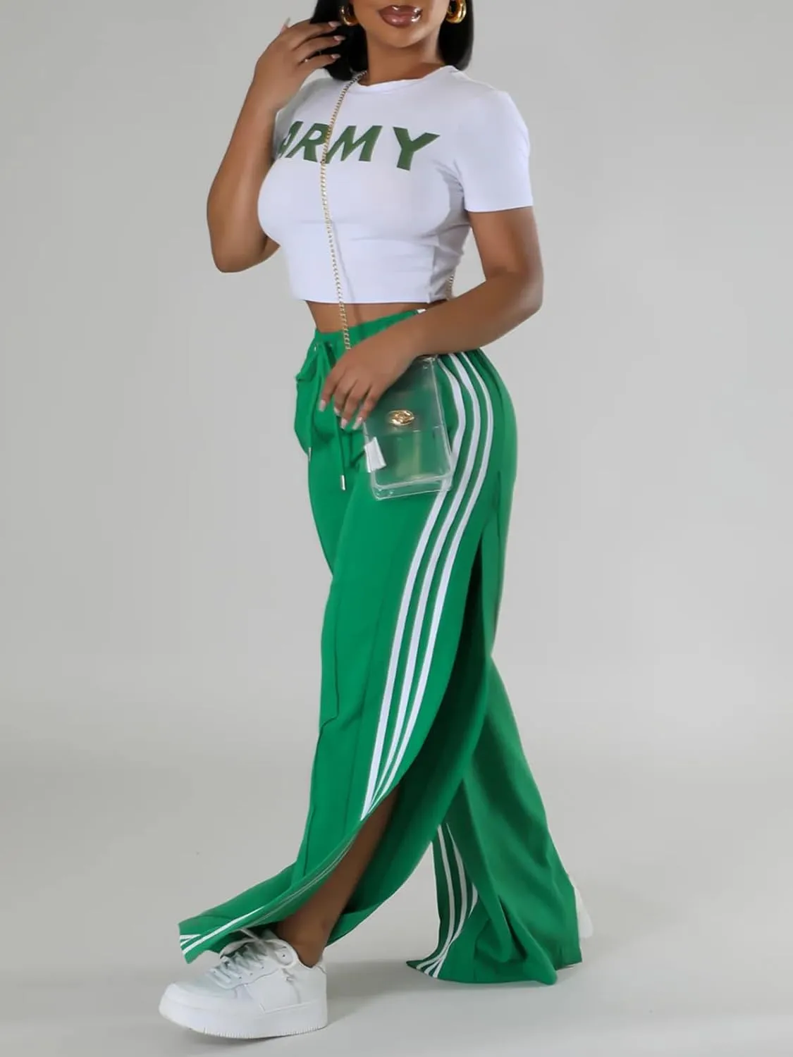 Angsuttc Wide Leg Pants Women Drawstring Side Split Sweatpants with Stripes Casual Elastic High Waist Long Pant