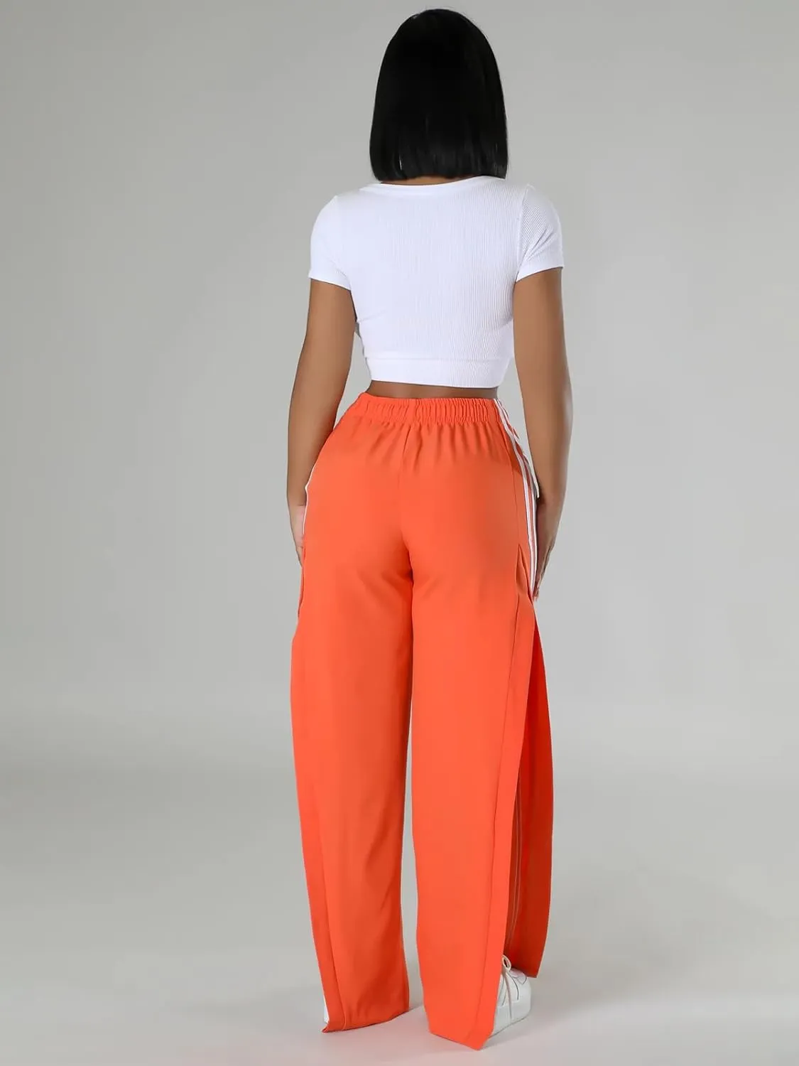 Angsuttc Wide Leg Pants Women Drawstring Side Split Sweatpants with Stripes Casual Elastic High Waist Long Pant