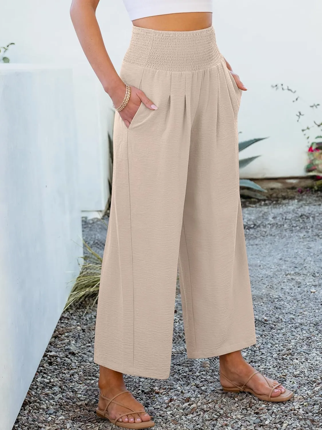 ANRABESS Womens Pants Wide Leg High Waisted Palazzo Pants Summer Flowy Beach Lounge Casual Trousers with Pockets