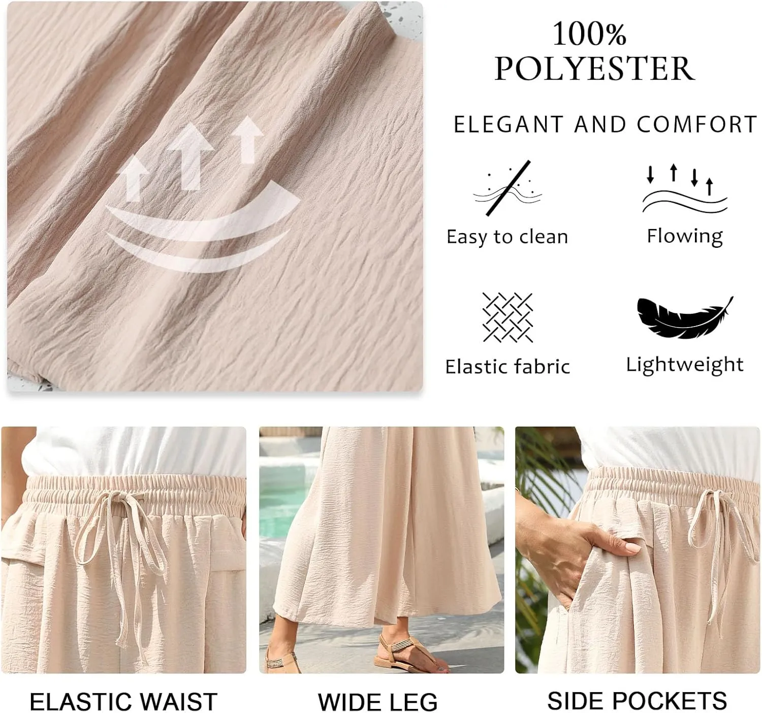 Aodemo Womens Wide Leg Pants Drawstring Trousers Loose Palazzo Casual Beach High Waist Flowy Pants with Pockets