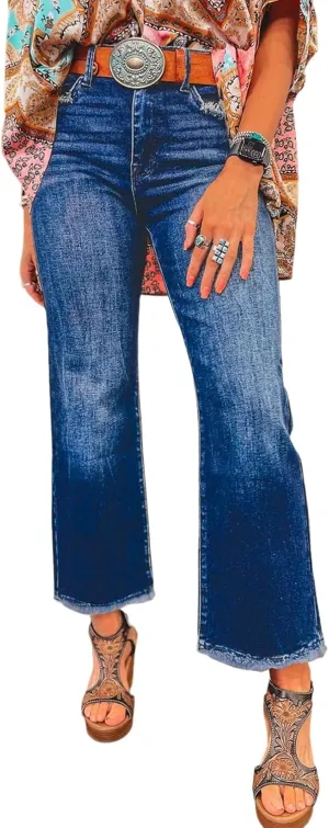 Astylish Womens High Waisted Jeans Stretchy Flared Straight Leg Loose Trendy Raw Hem Denim Pants