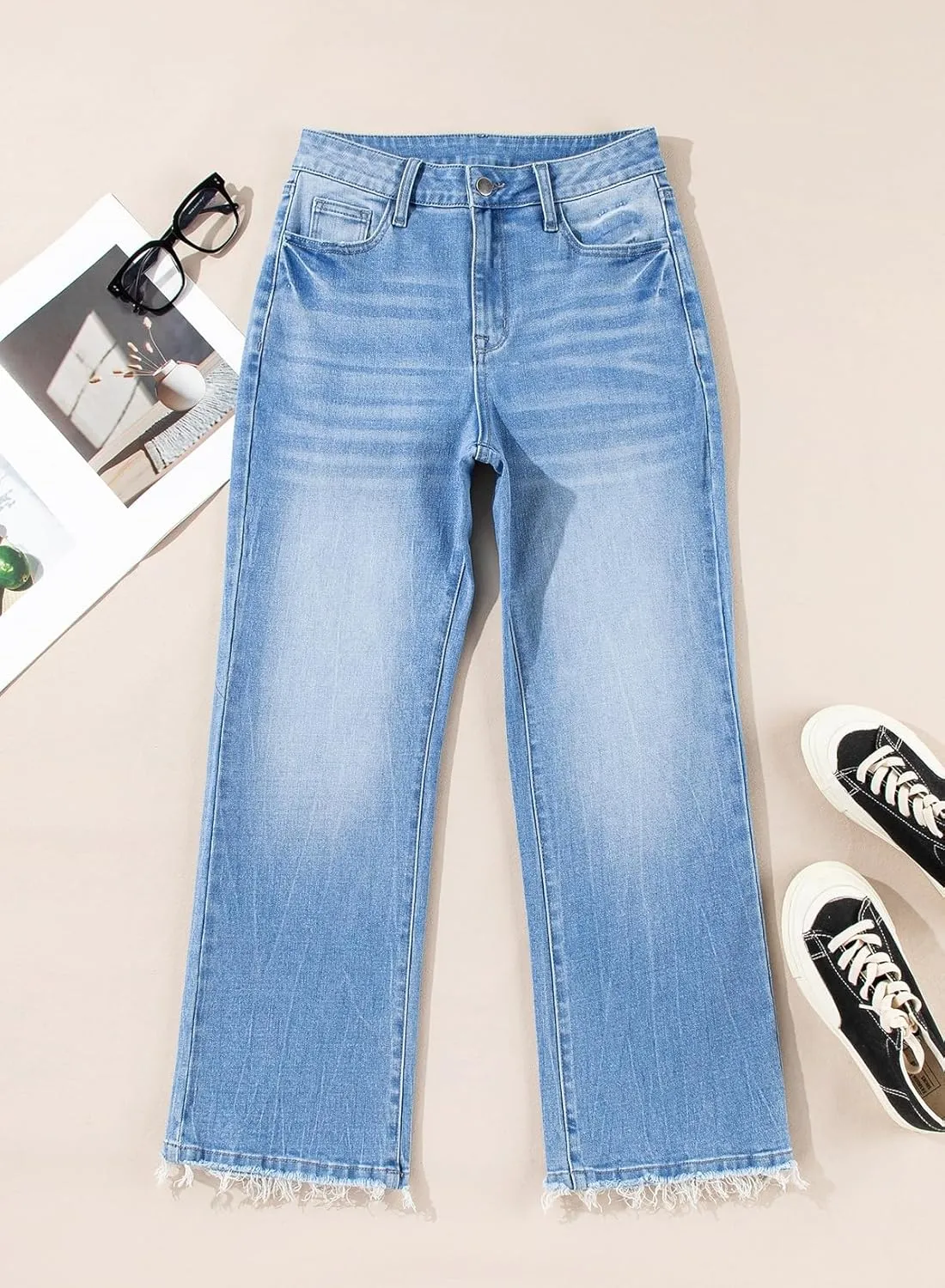 Astylish Womens High Waisted Jeans Stretchy Flared Straight Leg Loose Trendy Raw Hem Denim Pants