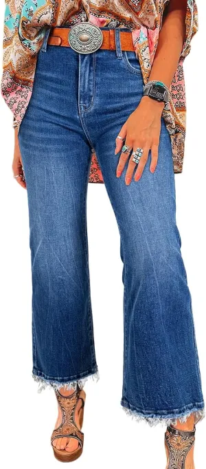 Astylish Womens High Waisted Jeans Stretchy Flared Straight Leg Loose Trendy Raw Hem Denim Pants