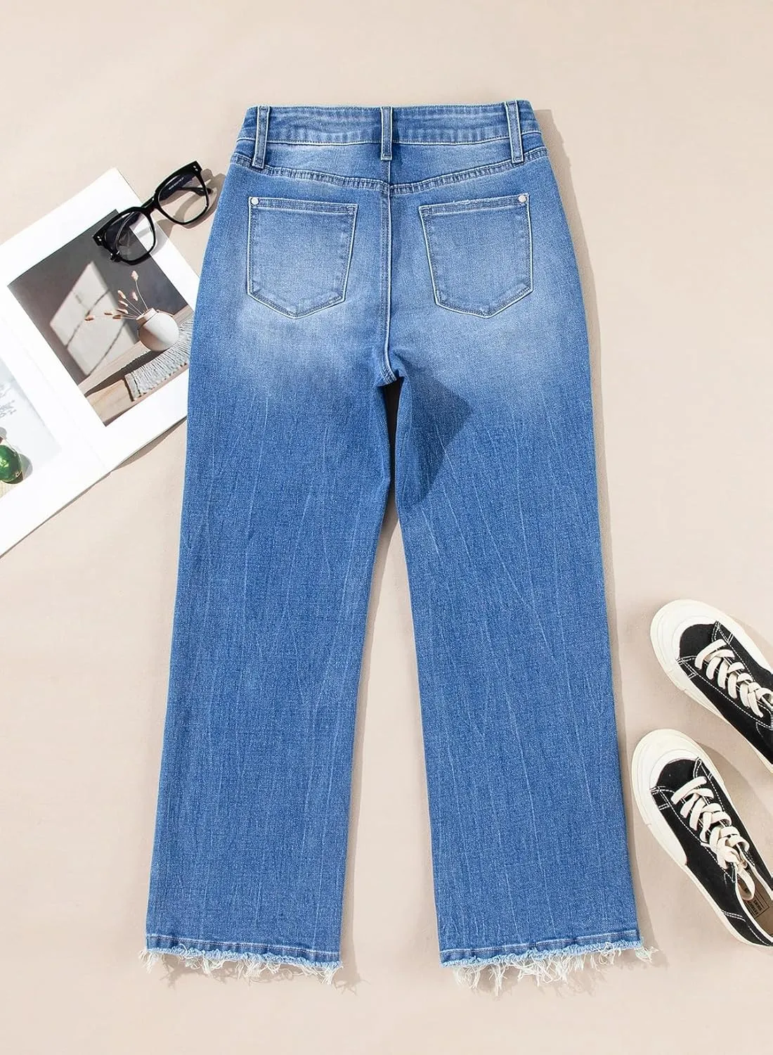 Astylish Womens High Waisted Jeans Stretchy Flared Straight Leg Loose Trendy Raw Hem Denim Pants