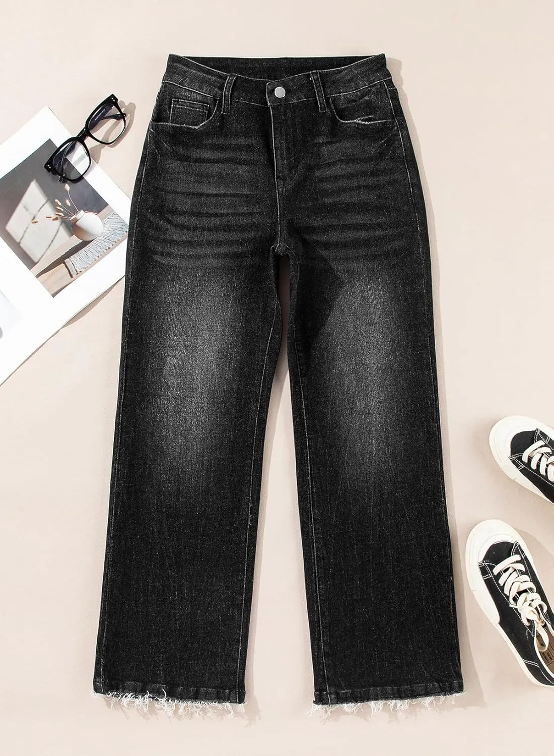 Astylish Womens High Waisted Jeans Stretchy Flared Straight Leg Loose Trendy Raw Hem Denim Pants
