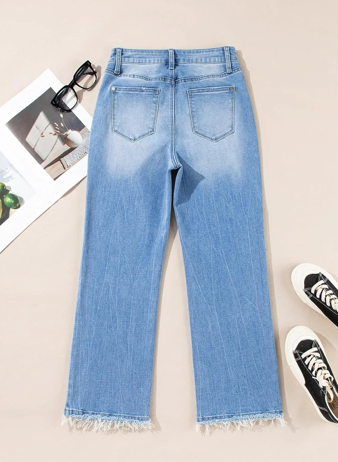 Astylish Womens High Waisted Jeans Stretchy Flared Straight Leg Loose Trendy Raw Hem Denim Pants