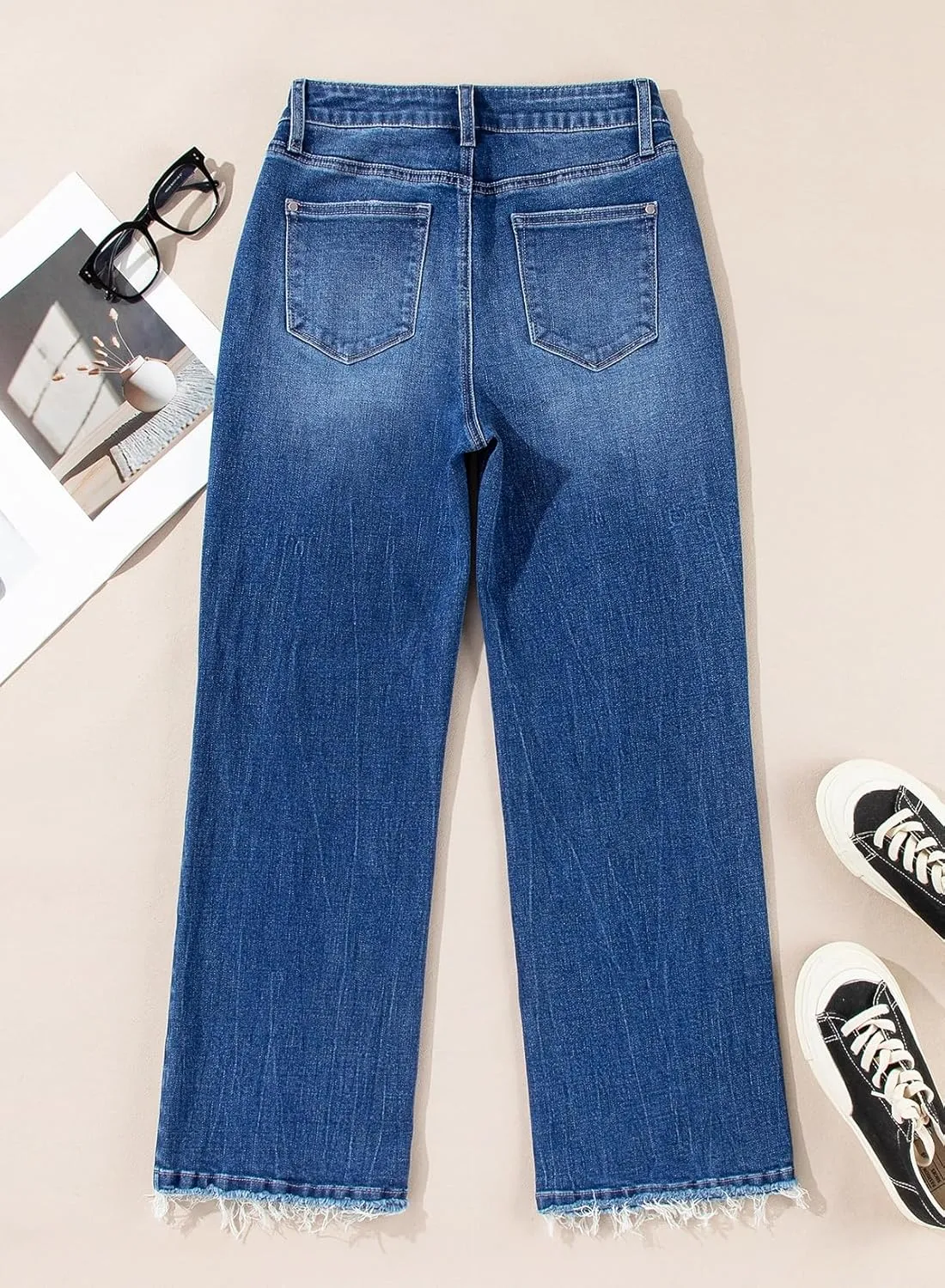 Astylish Womens High Waisted Jeans Stretchy Flared Straight Leg Loose Trendy Raw Hem Denim Pants