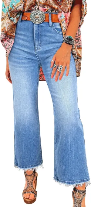 Astylish Womens High Waisted Jeans Stretchy Flared Straight Leg Loose Trendy Raw Hem Denim Pants