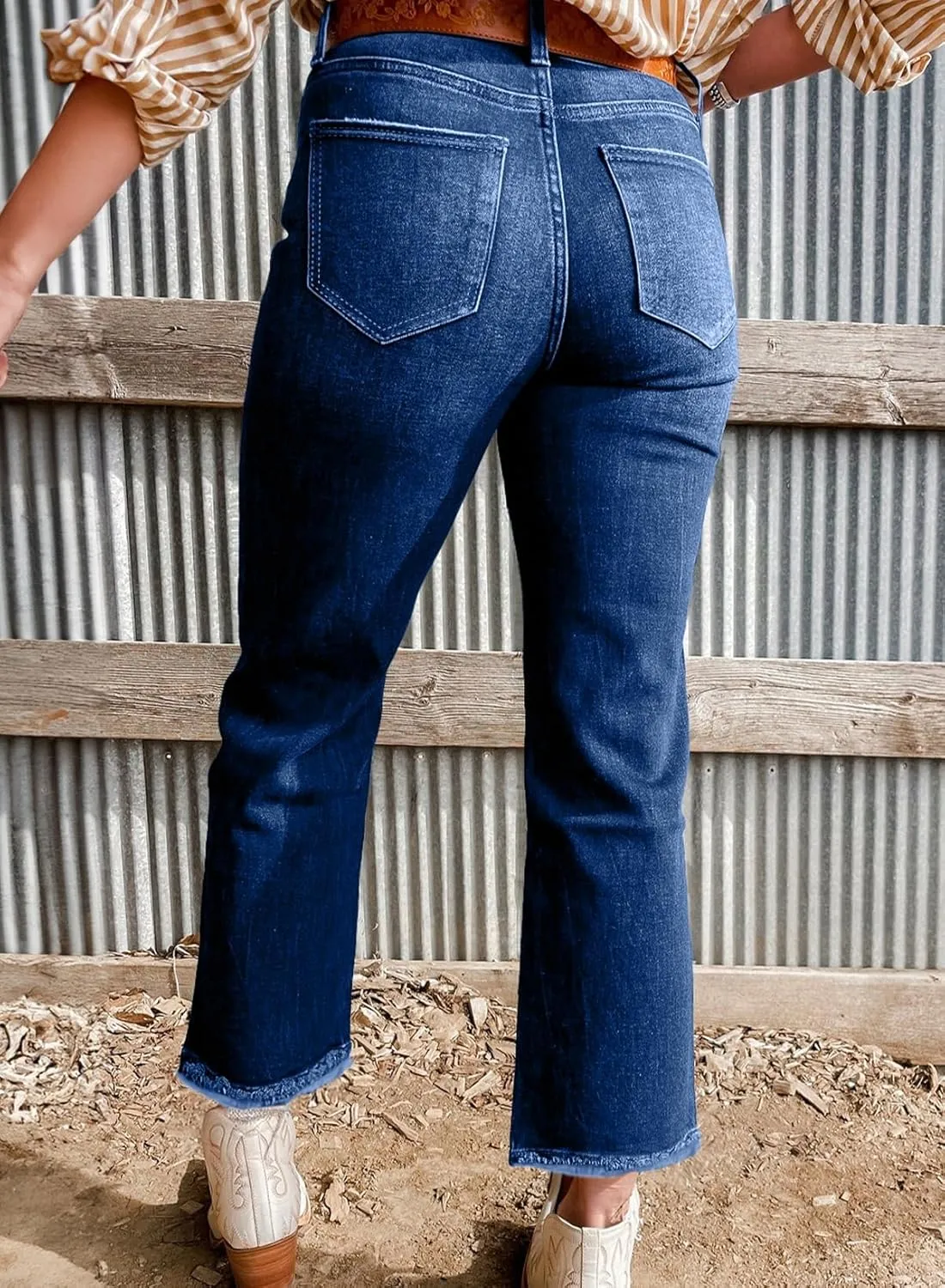 Astylish Womens High Waisted Jeans Stretchy Flared Straight Leg Loose Trendy Raw Hem Denim Pants