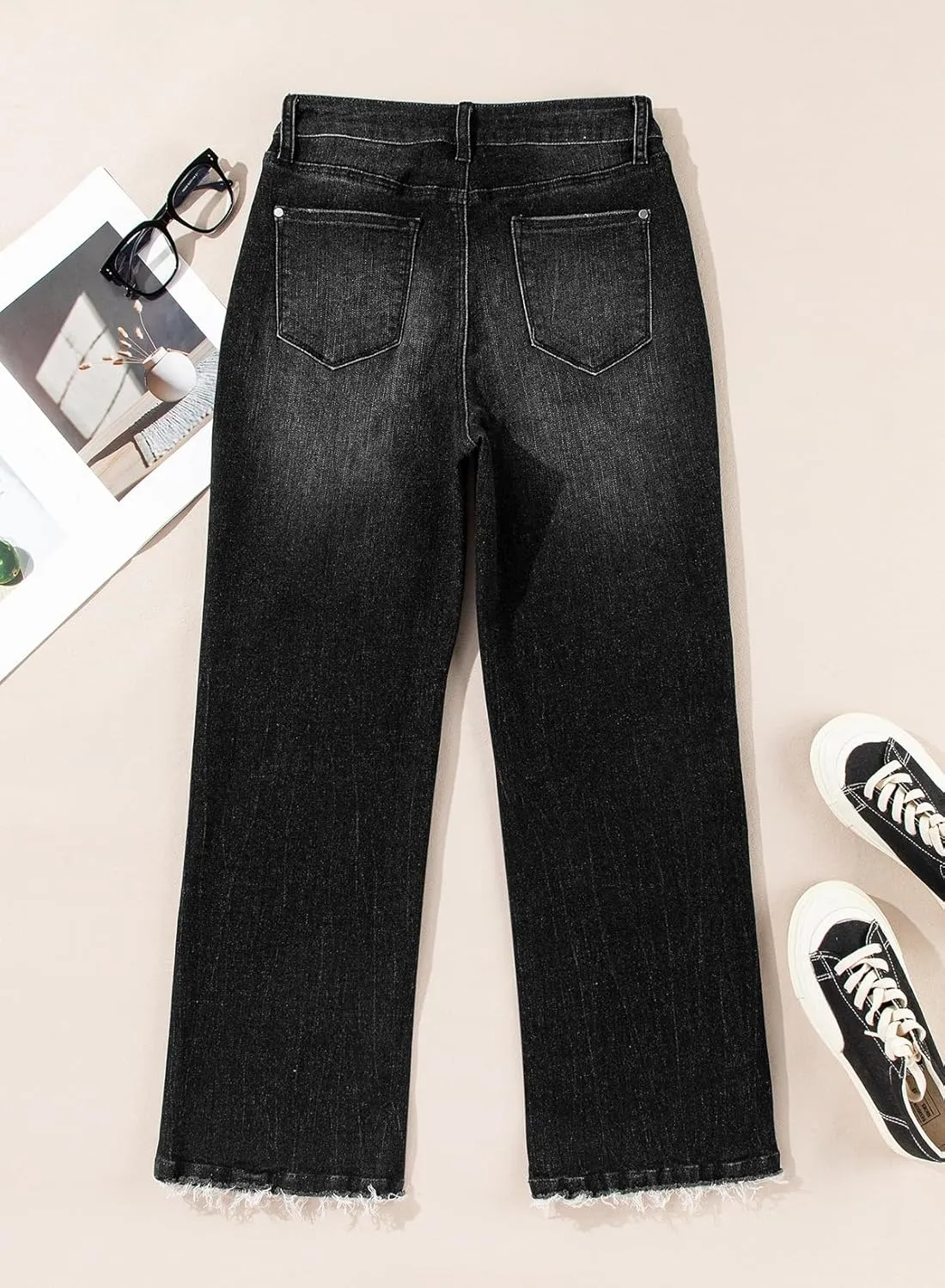 Astylish Womens High Waisted Jeans Stretchy Flared Straight Leg Loose Trendy Raw Hem Denim Pants
