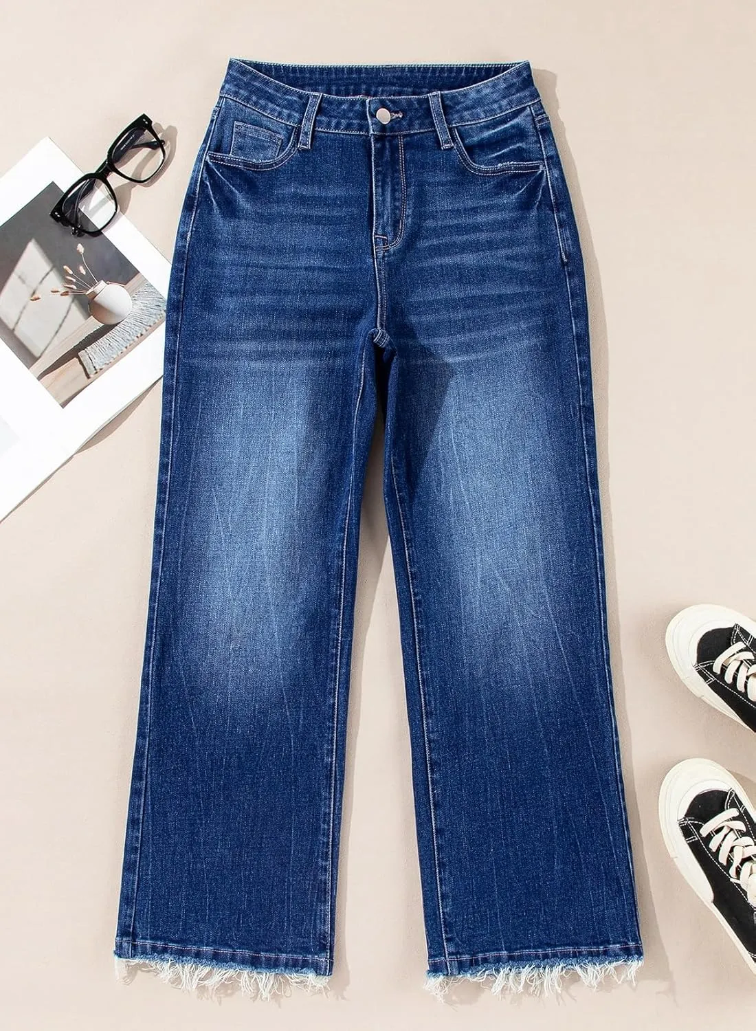 Astylish Womens High Waisted Jeans Stretchy Flared Straight Leg Loose Trendy Raw Hem Denim Pants