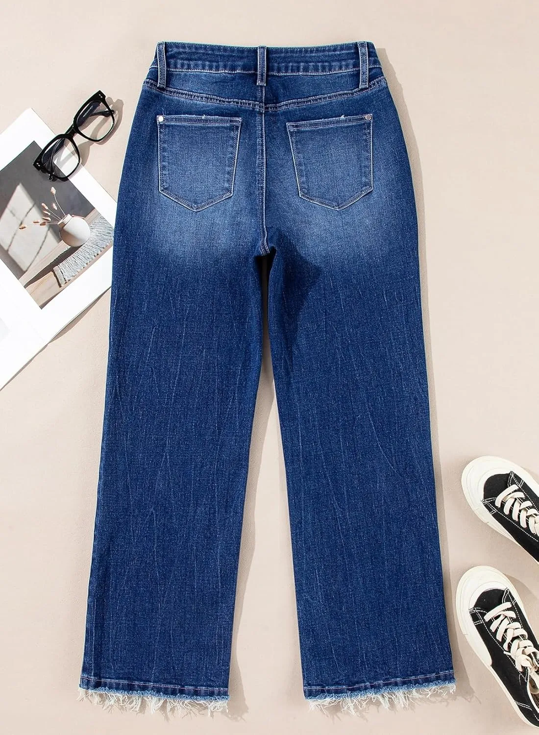 Astylish Womens High Waisted Jeans Stretchy Flared Straight Leg Loose Trendy Raw Hem Denim Pants