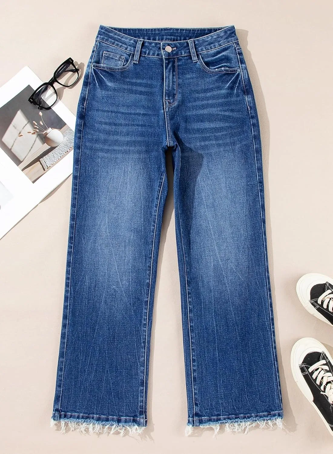 Astylish Womens High Waisted Jeans Stretchy Flared Straight Leg Loose Trendy Raw Hem Denim Pants