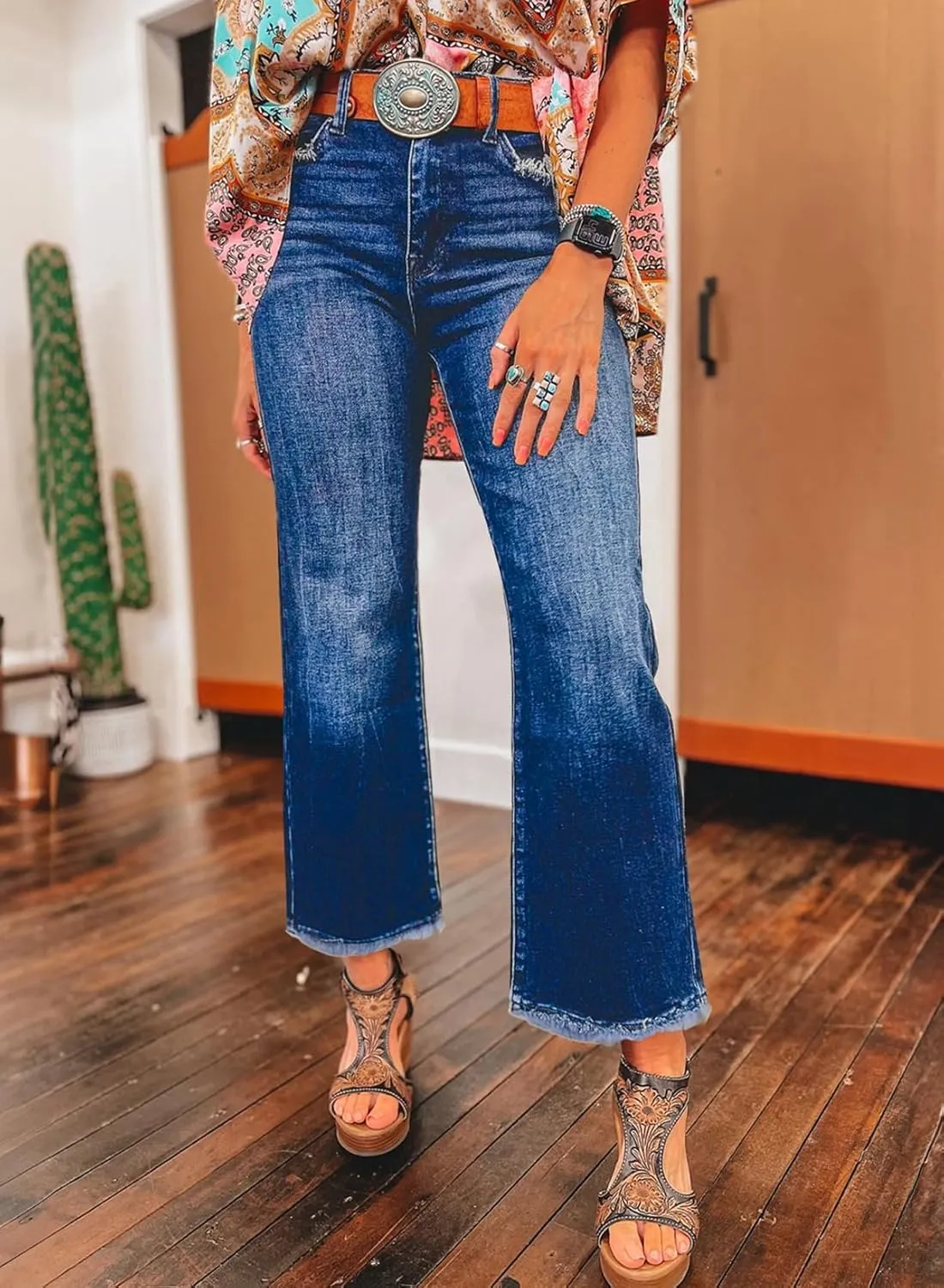 Astylish Womens High Waisted Jeans Stretchy Flared Straight Leg Loose Trendy Raw Hem Denim Pants