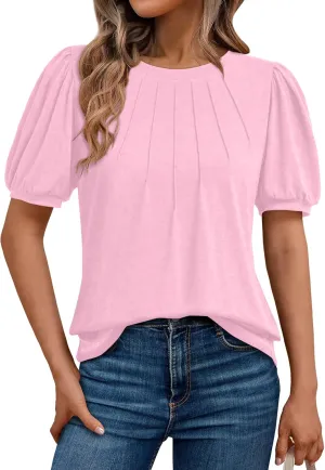 AUTOMET Womens Summer Tops Short Sleeve Shirts Business Casual Outfits Puff Dressy Blouses Spring Clothes 2025