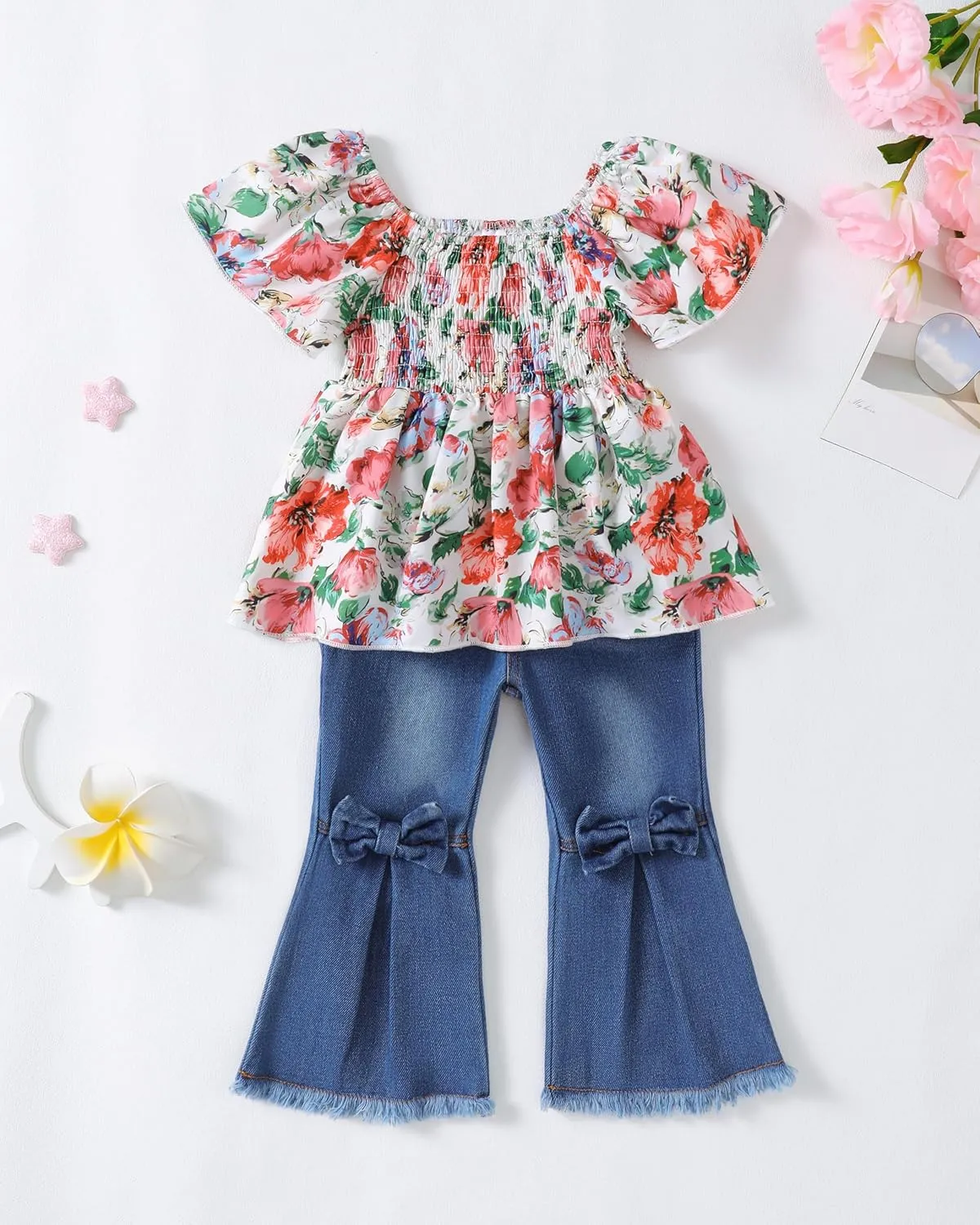 Baby Girl Clothes Toddler Girl Outfits Kids Puff Sleeve Shirt Top Flare Denim Pants Jeans Clothing for Little Girls