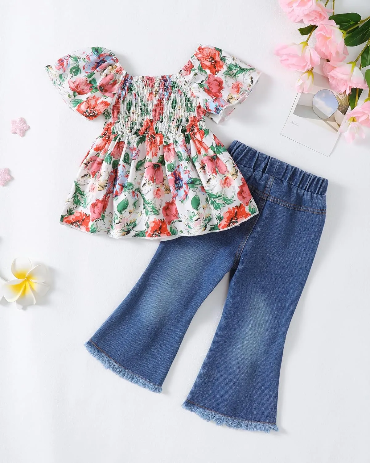 Baby Girl Clothes Toddler Girl Outfits Kids Puff Sleeve Shirt Top Flare Denim Pants Jeans Clothing for Little Girls