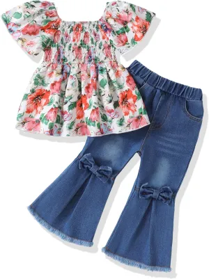 Baby Girl Clothes Toddler Girl Outfits Kids Puff Sleeve Shirt Top Flare Denim Pants Jeans Clothing for Little Girls