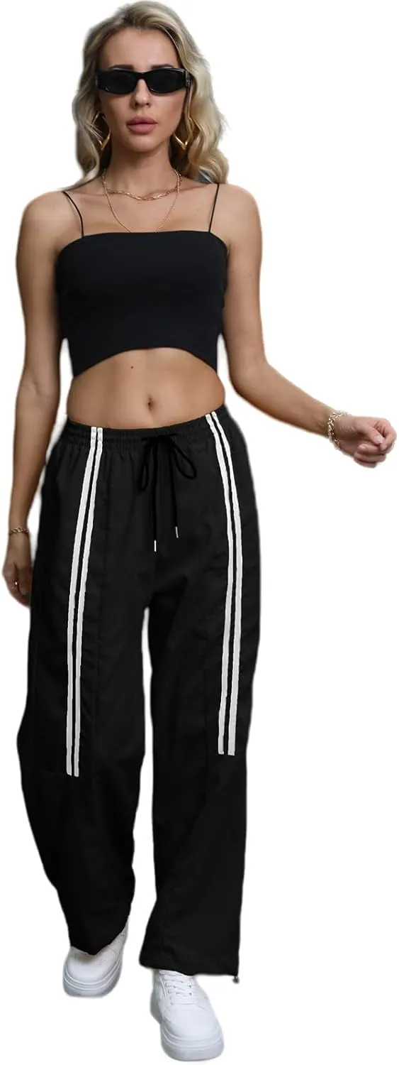 Baggy Cargo Pants for Women Elastic Waist Y2K Parachute Track Pants Trendy Casual Sports Wide Leg with Pockets