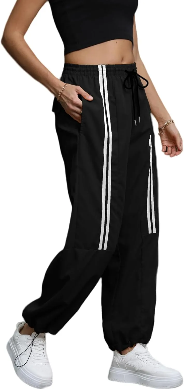 Baggy Cargo Pants for Women Elastic Waist Y2K Parachute Track Pants Trendy Casual Sports Wide Leg with Pockets