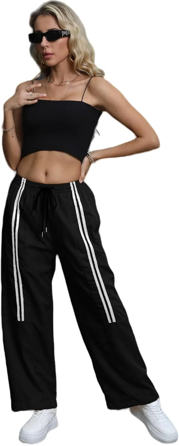 Baggy Cargo Pants for Women Elastic Waist Y2K Parachute Track Pants Trendy Casual Sports Wide Leg with Pockets