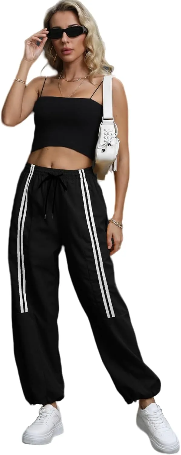 Baggy Cargo Pants for Women Elastic Waist Y2K Parachute Track Pants Trendy Casual Sports Wide Leg with Pockets