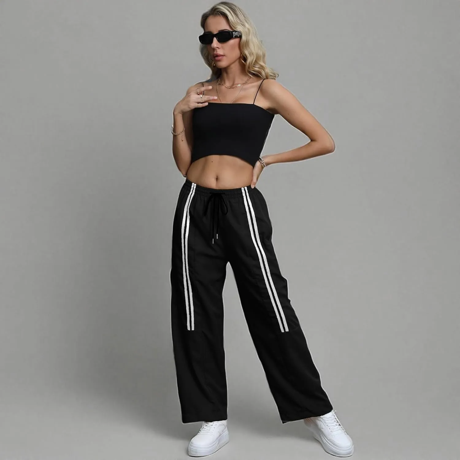 Baggy Cargo Pants for Women Elastic Waist Y2K Parachute Track Pants Trendy Casual Sports Wide Leg with Pockets