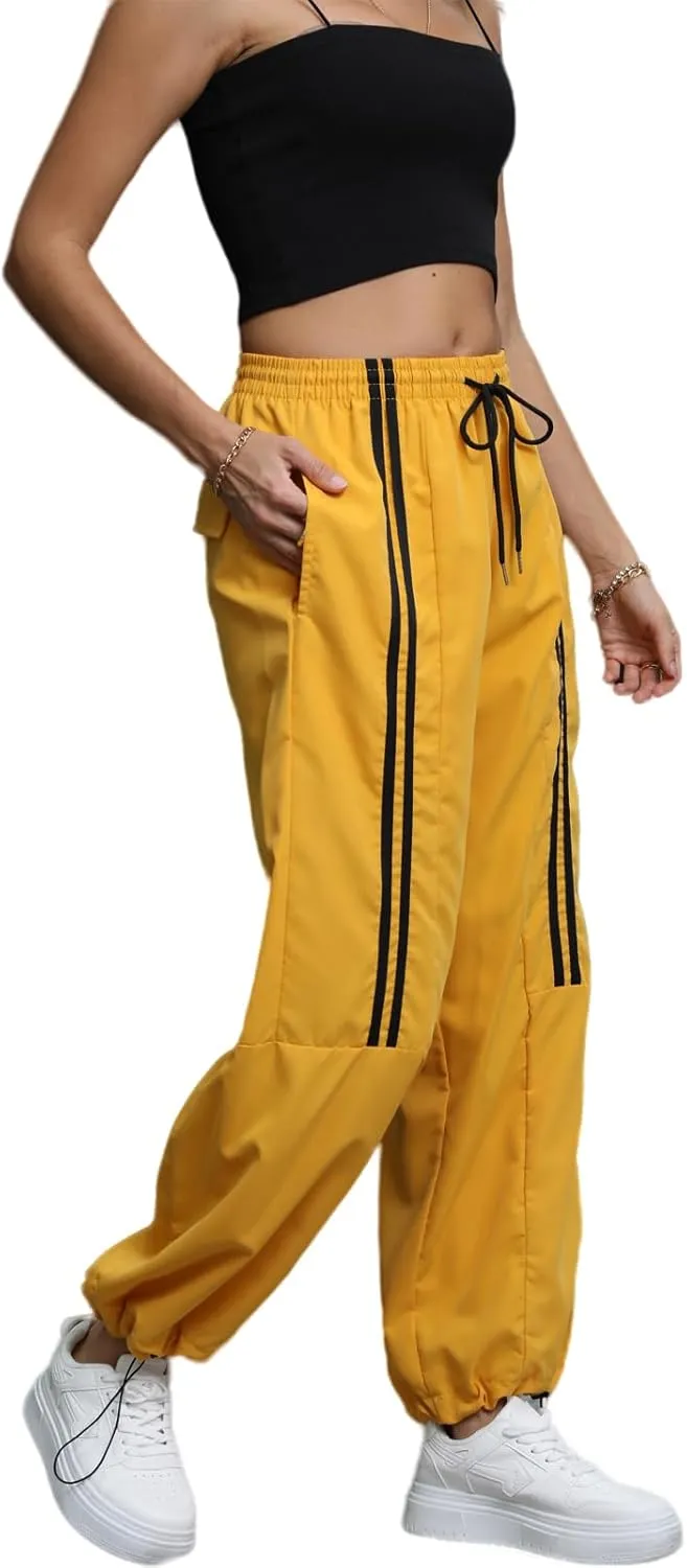 Baggy Cargo Pants for Women Elastic Waist Y2K Parachute Track Pants Trendy Casual Sports Wide Leg with Pockets