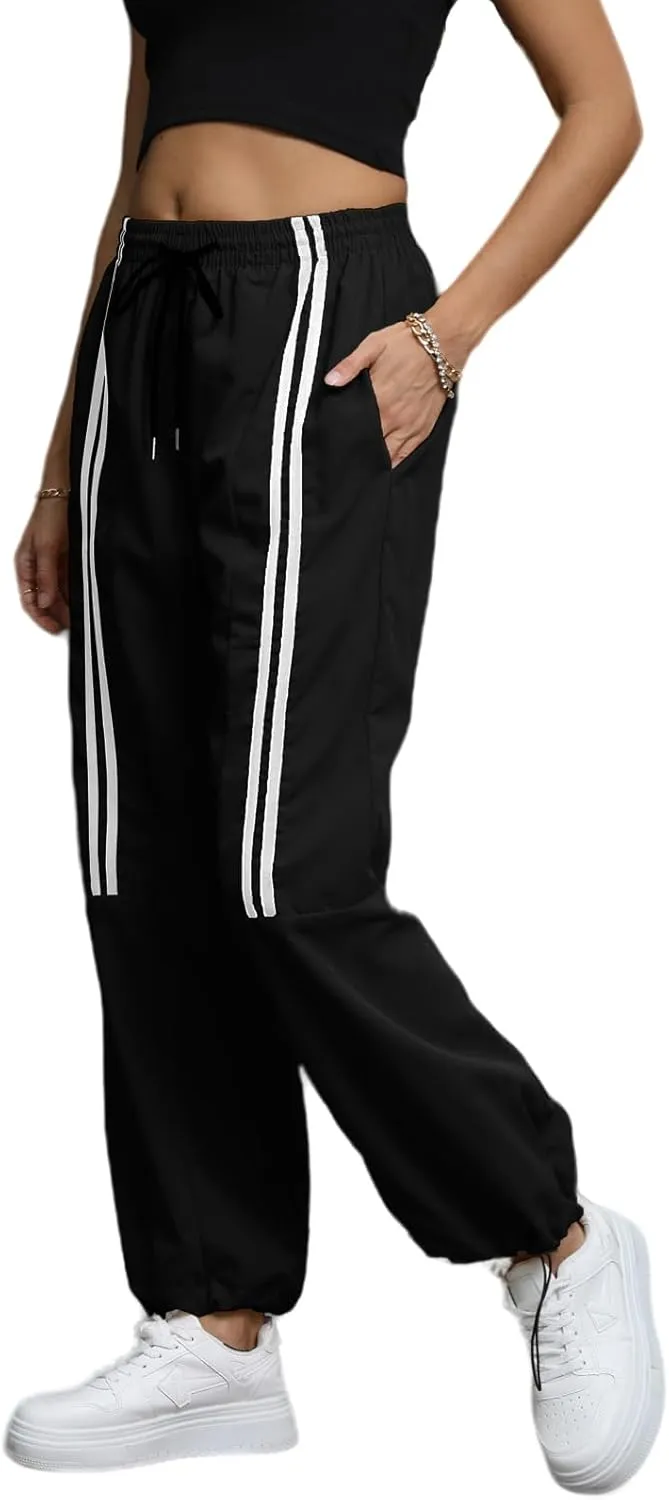 Baggy Cargo Pants for Women Elastic Waist Y2K Parachute Track Pants Trendy Casual Sports Wide Leg with Pockets