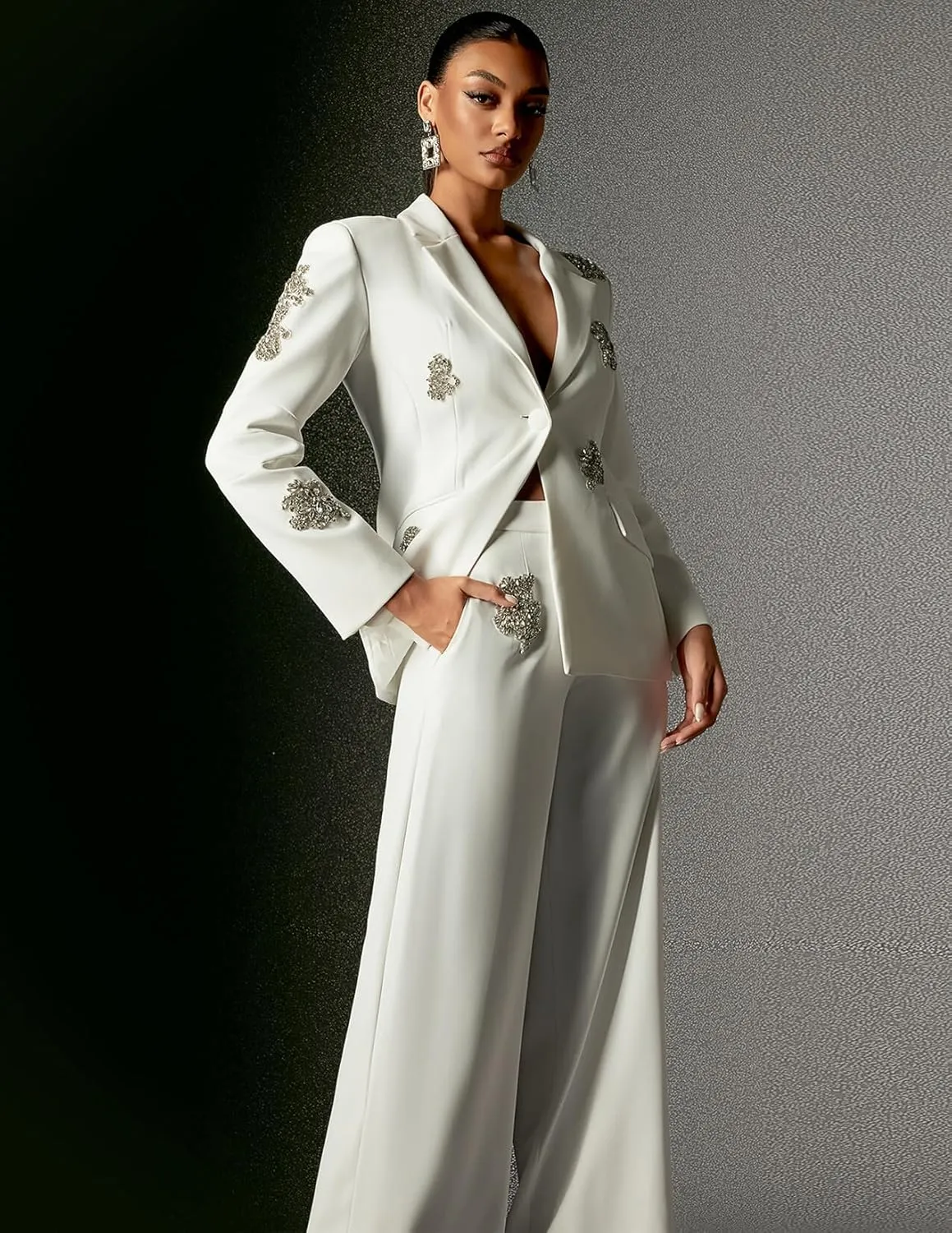 BELLA BARNETT Diamante Blazer Sets Women 2 Piece Outfits Stylish White Blazer For Women