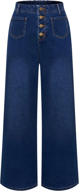 Belle Poque Women's Wide Leg Jeans High Waisted Stretchy Straight Leg Button Fly Denim Pants Trousers with Pockets