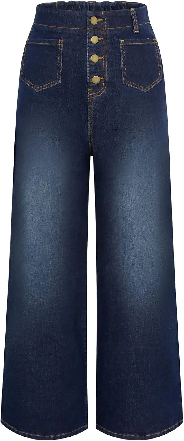 Belle Poque Women's Wide Leg Jeans High Waisted Stretchy Straight Leg Button Fly Denim Pants Trousers with Pockets