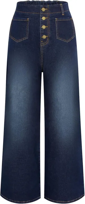 Belle Poque Women's Wide Leg Jeans High Waisted Stretchy Straight Leg Button Fly Denim Pants Trousers with Pockets