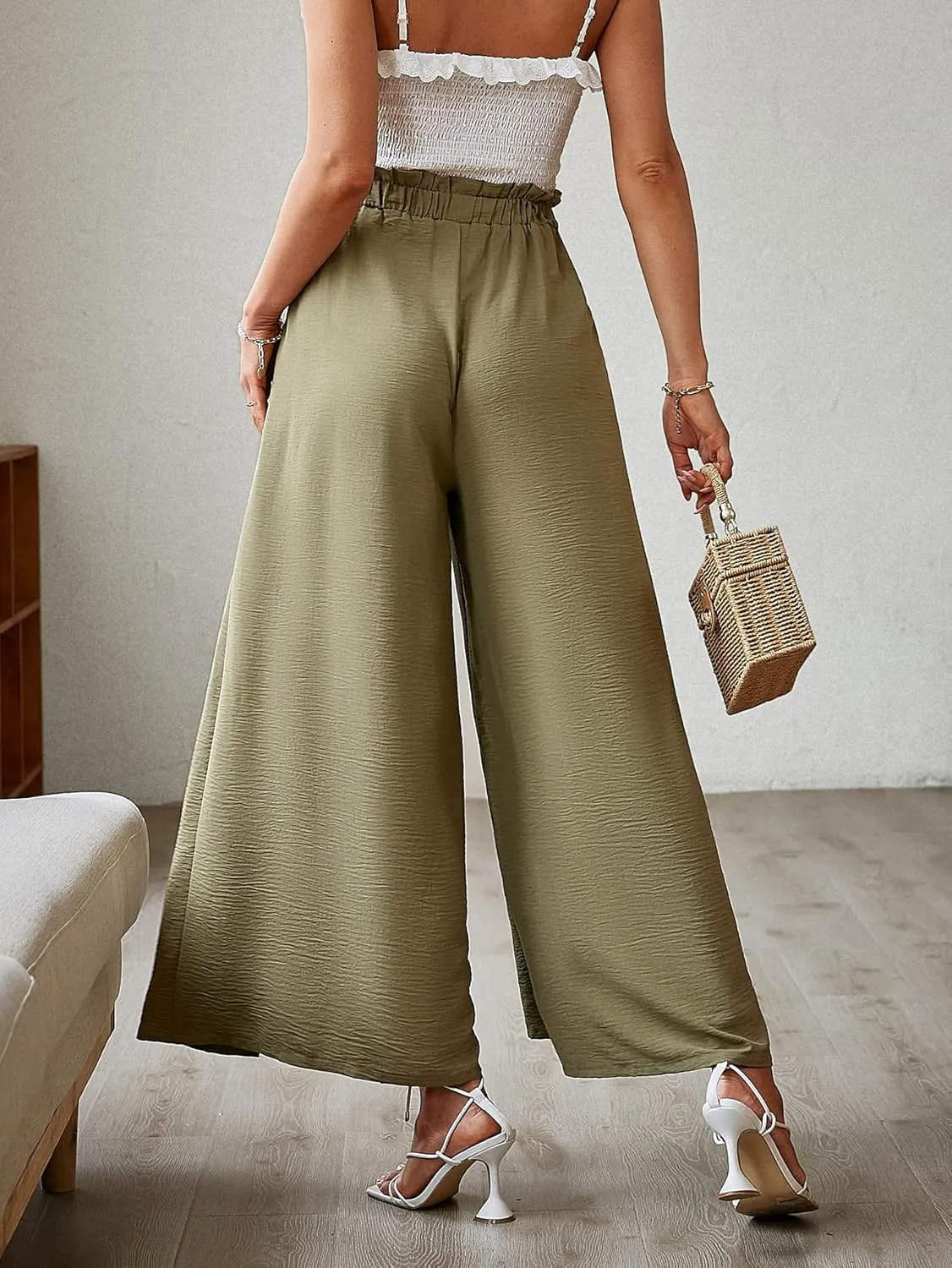 BerryGo Women's Boho Linen Flowy High Waisted Pants Elegant Split Stripe Wide Leg Pants